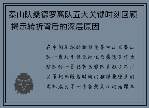 泰山队桑德罗离队五大关键时刻回顾 揭示转折背后的深层原因