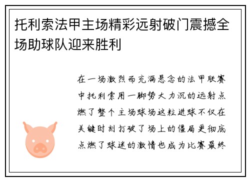 托利索法甲主场精彩远射破门震撼全场助球队迎来胜利 托利索法甲主场精彩远射破门震撼全场助球队迎来胜利